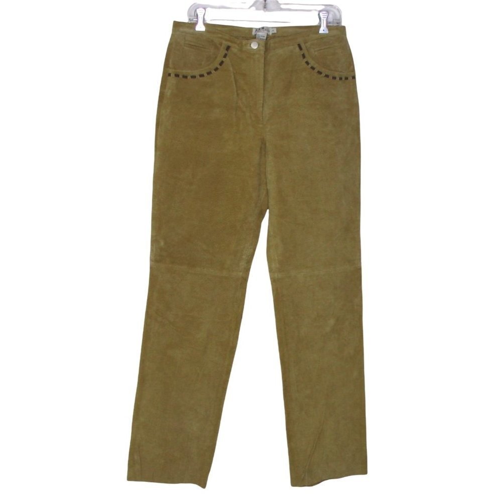 Cali Cali Suede Pants Color is Camel with Coffee Brown Trim Front Pockets Sz 10